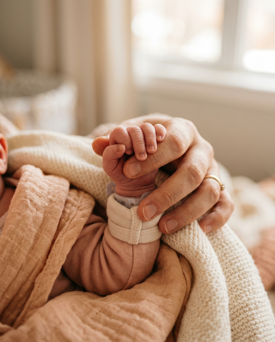 Newborn baby hand holding a mother's finger