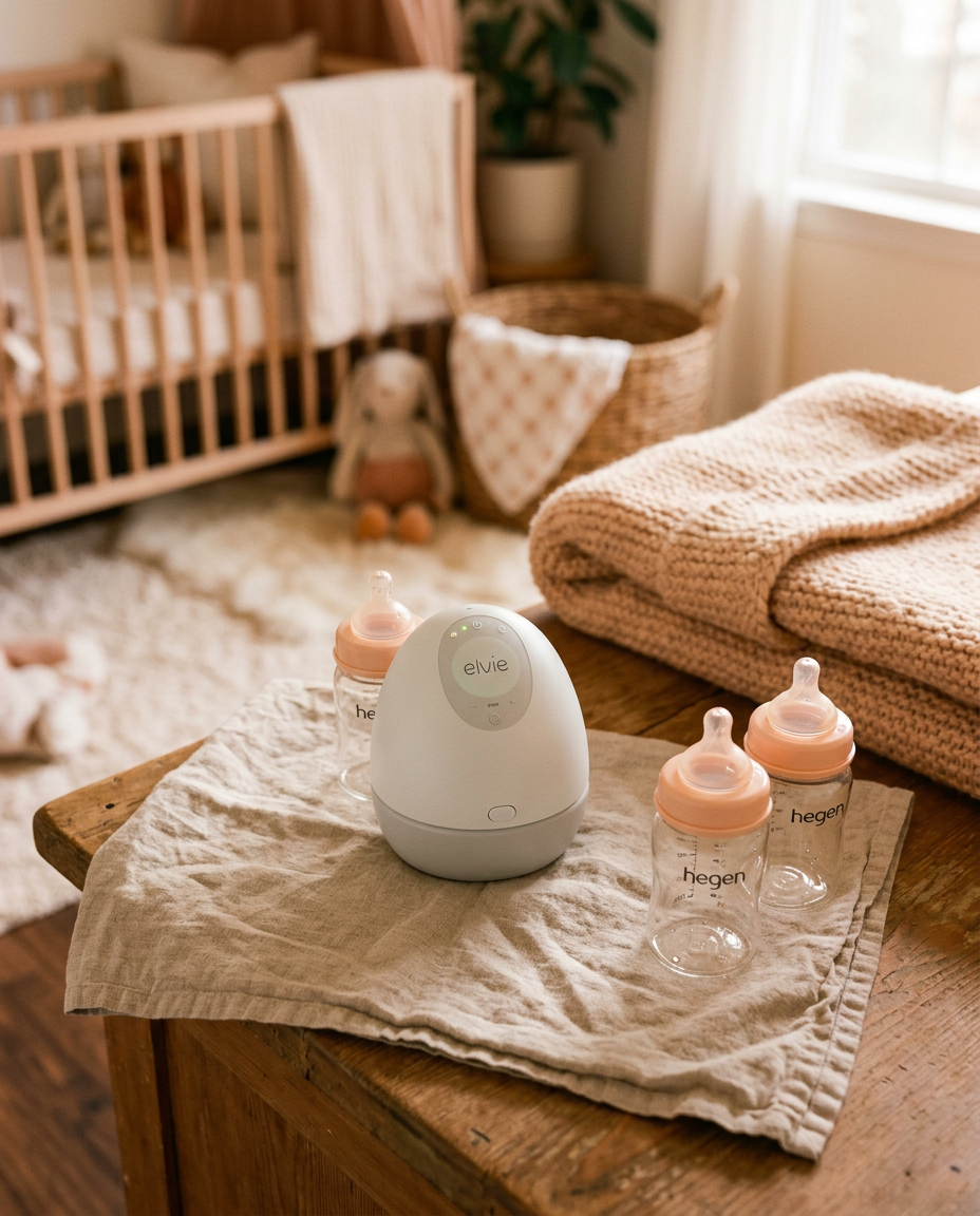 Modern breast pump and bottles on linen in a soft nursery