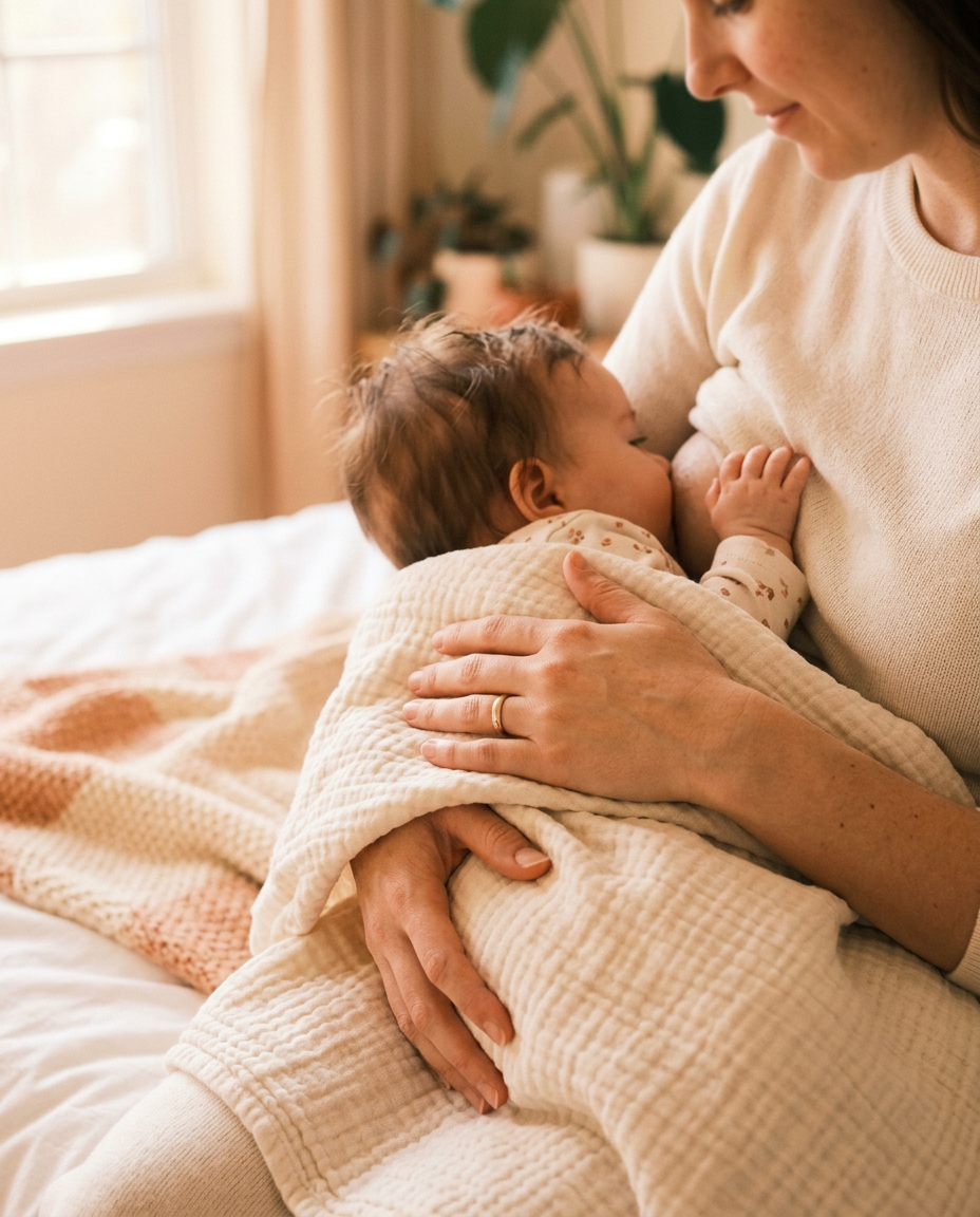 Mother holding baby close during a feed